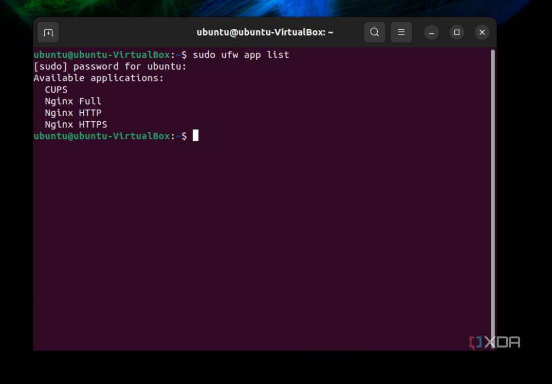 A screenshot of the command for the apps using the Ubuntu firewall as seen in the Ubuntu terminal