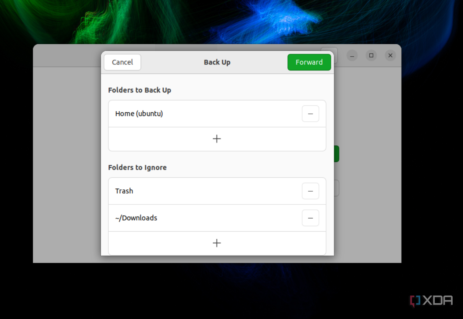 A screenshot of the initial screen for picking folders in the backup utility on Ubuntu