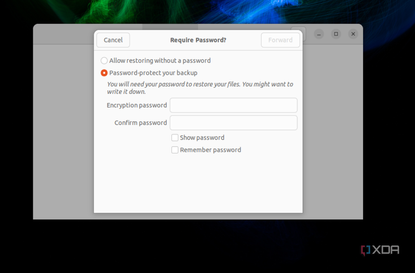 A screenshot of the Backups app showing the option to require a password to protect a backup