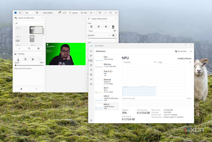A screenshot of the task manager in Windows 11 showing the NPU in the MSI Prestige 16 AI Evo in use