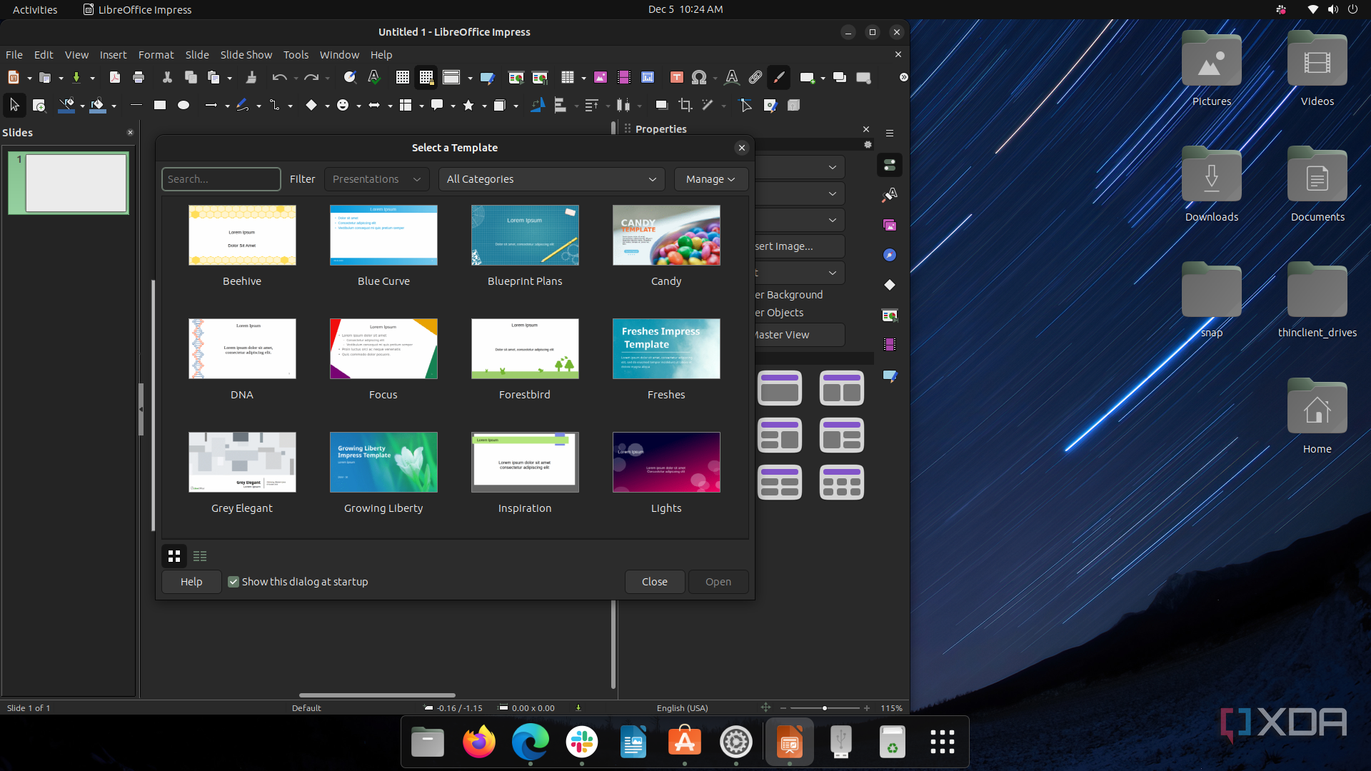 A screenshot of the LibreOffice main page in Ubuntu with a new document window openm