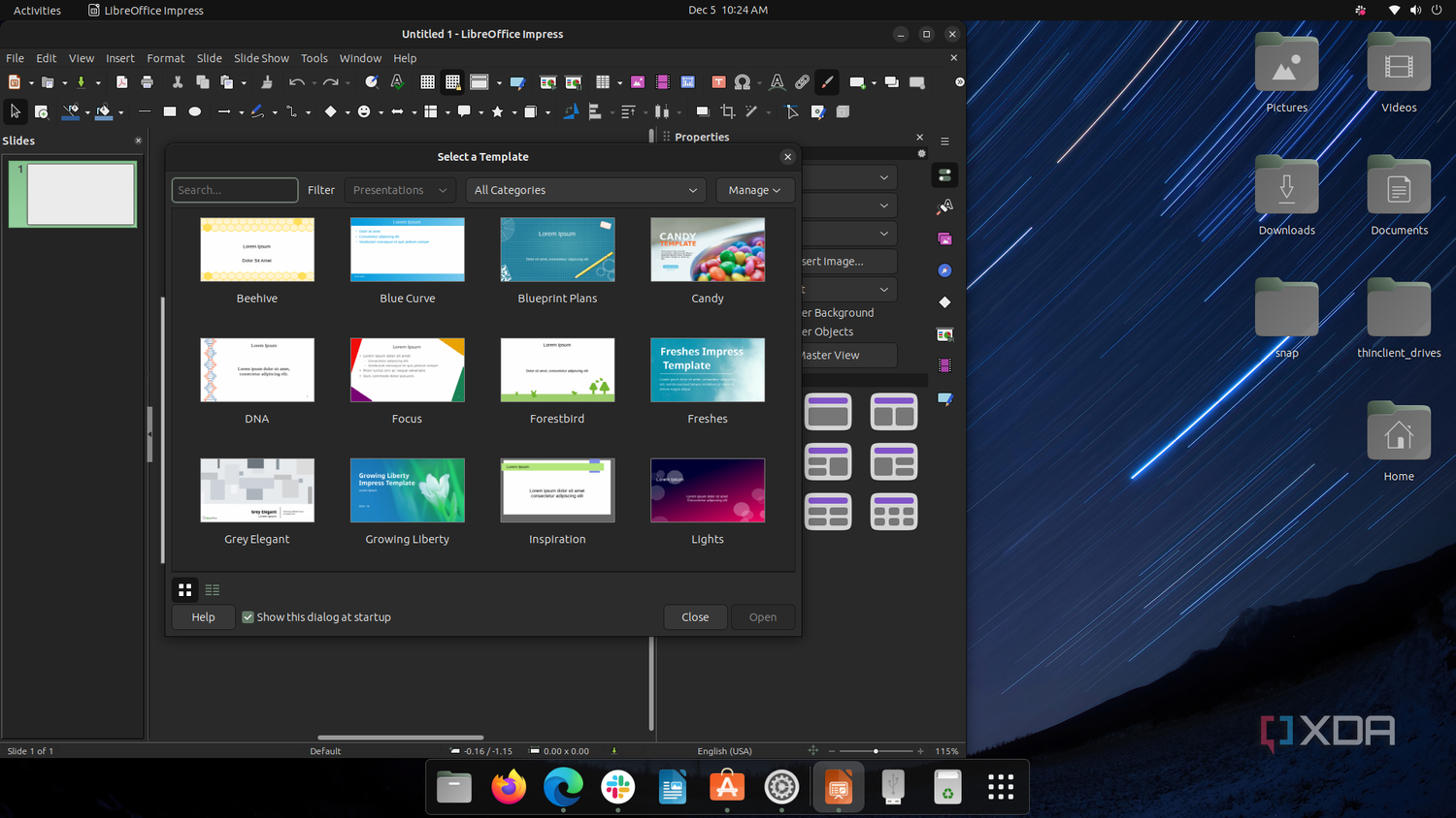 A screenshot of the LibreOffice main page in Ubuntu with a new document window openm