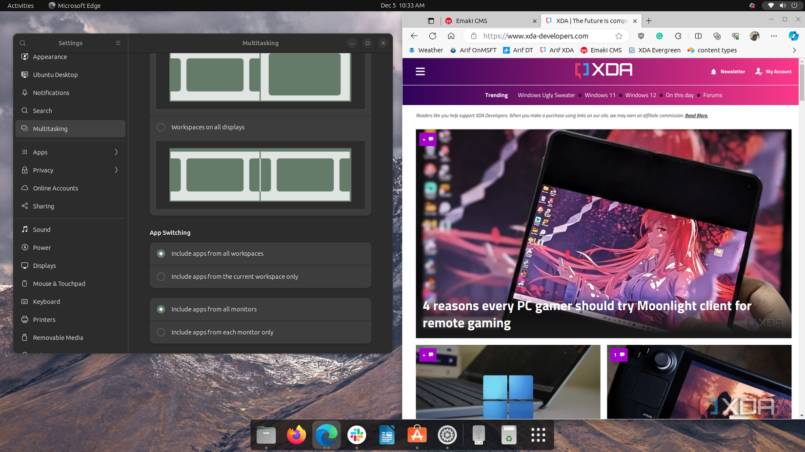 A screenshot of Microsoft Edge open on Ubuntu along with the bottom page of the multitasking settings