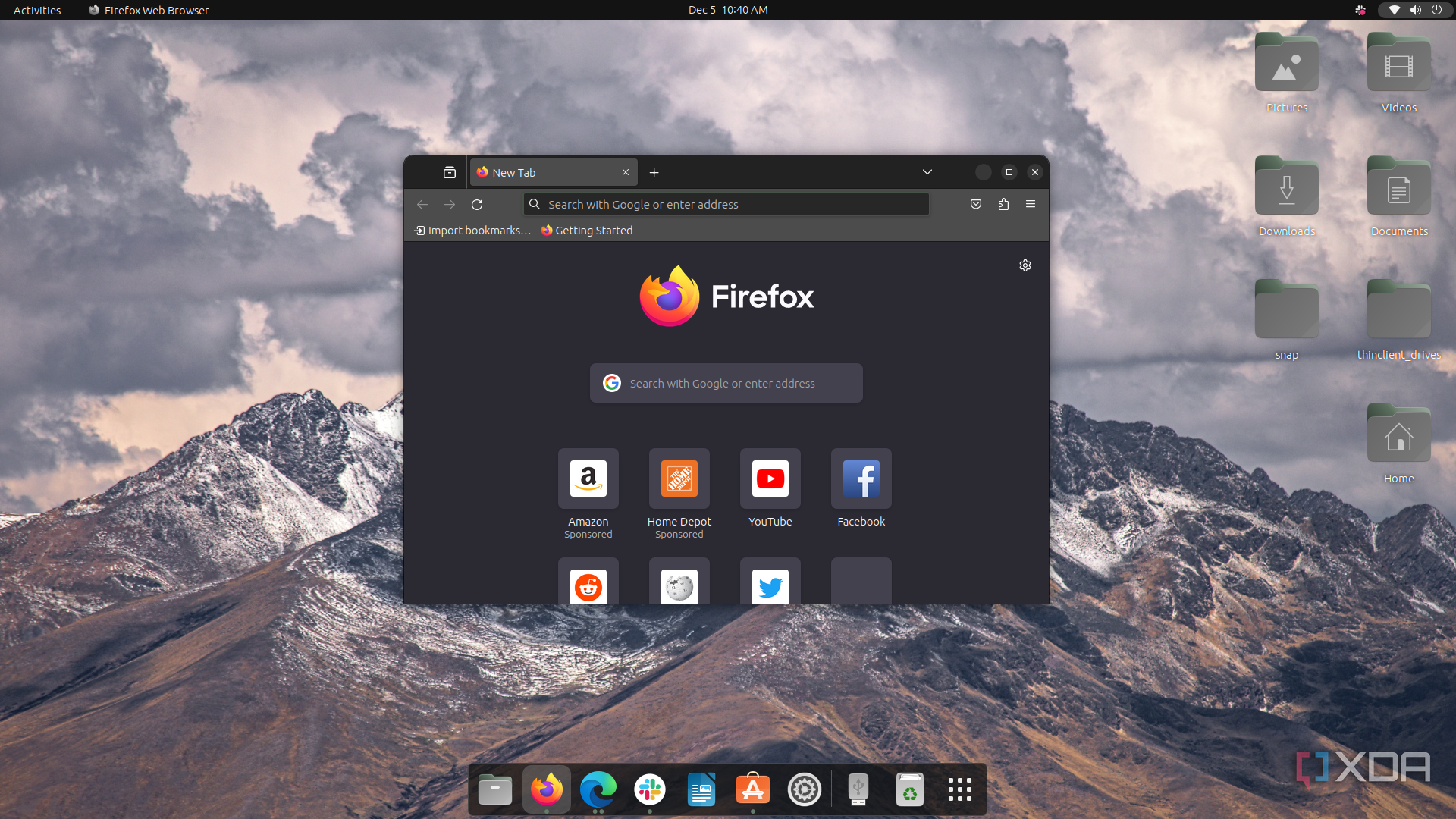 A screenshot of the Firefox new tab page open on Ubuntu