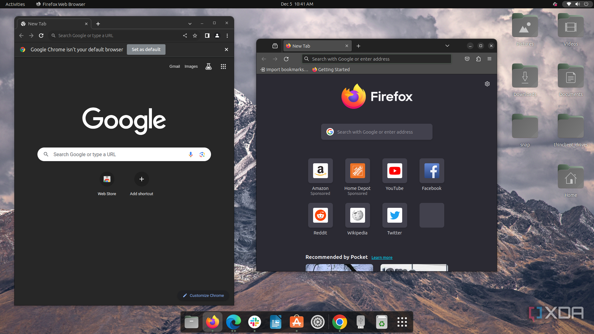 A screenshot of Google Chrome running along Mozilla Firefox in Ubuntu