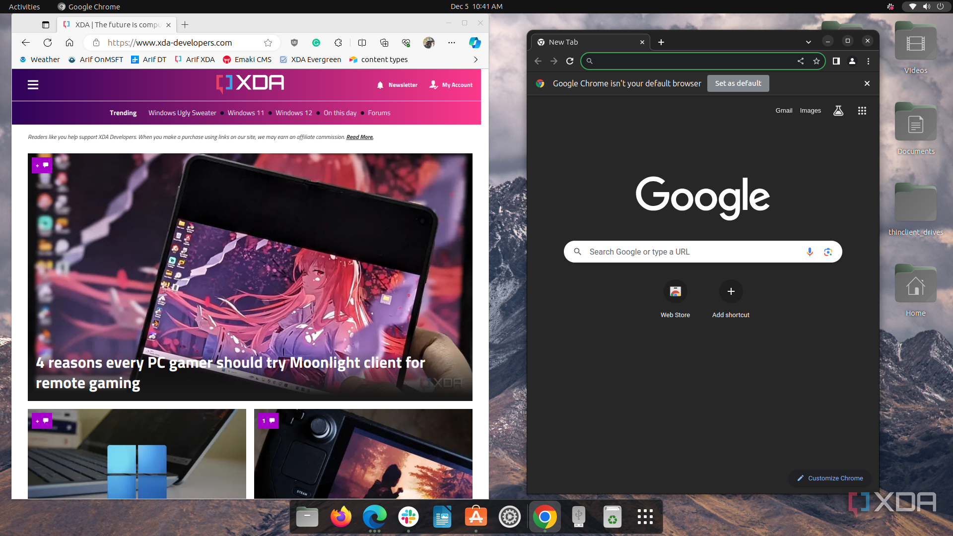 A screenshot of Microsoft Edge running along Google Chrome in Ubuntu