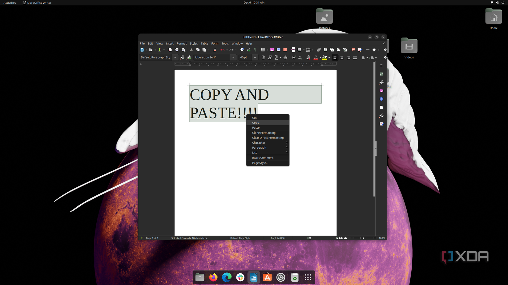 A screenshot of the copy and paste menu on Linux in Libre Office