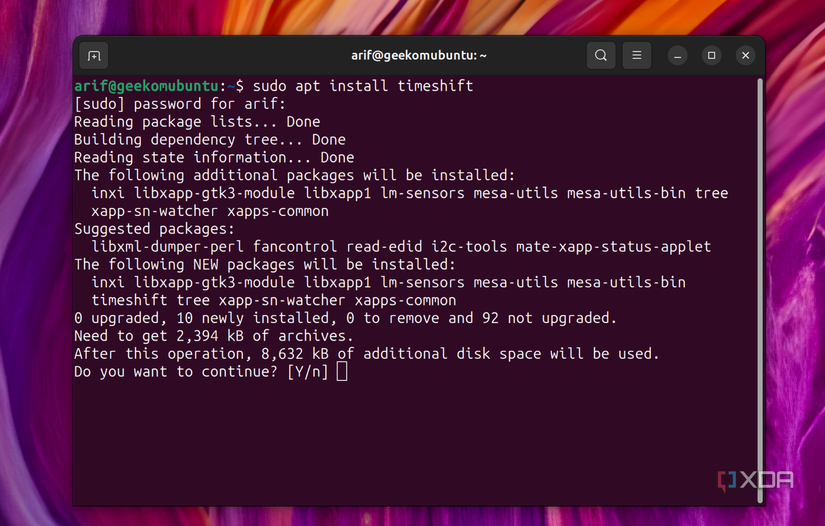 A screenshot of the proccess to install timeshift on Ubuntu through the terminal app