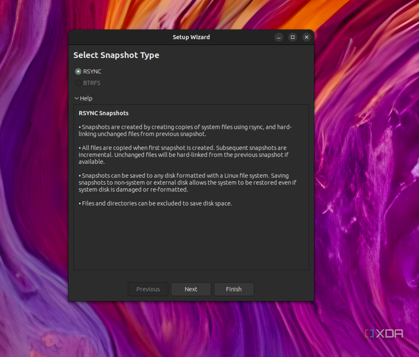 A screenshot of the Timeshift application and the get started message on the snapshot type to be choosen