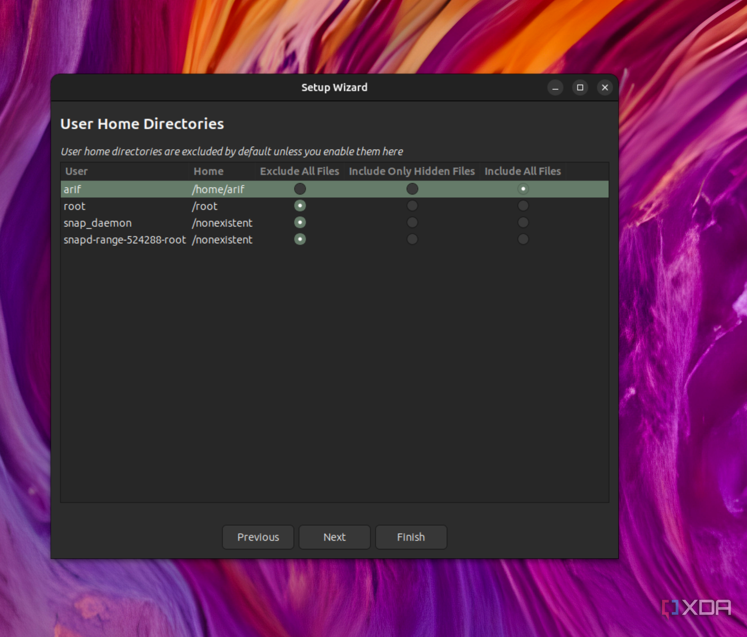 A screenshot of Timeshift running on Ubuntu with the option to include or exclude user files from the backup