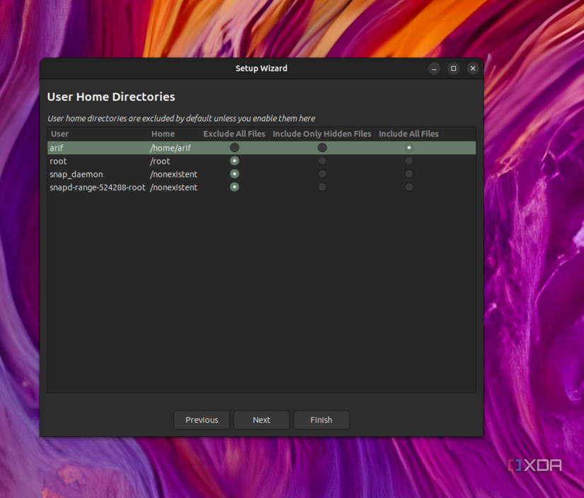 A screenshot of Timeshift running on Ubuntu with the option to include or exclude user files from the backup