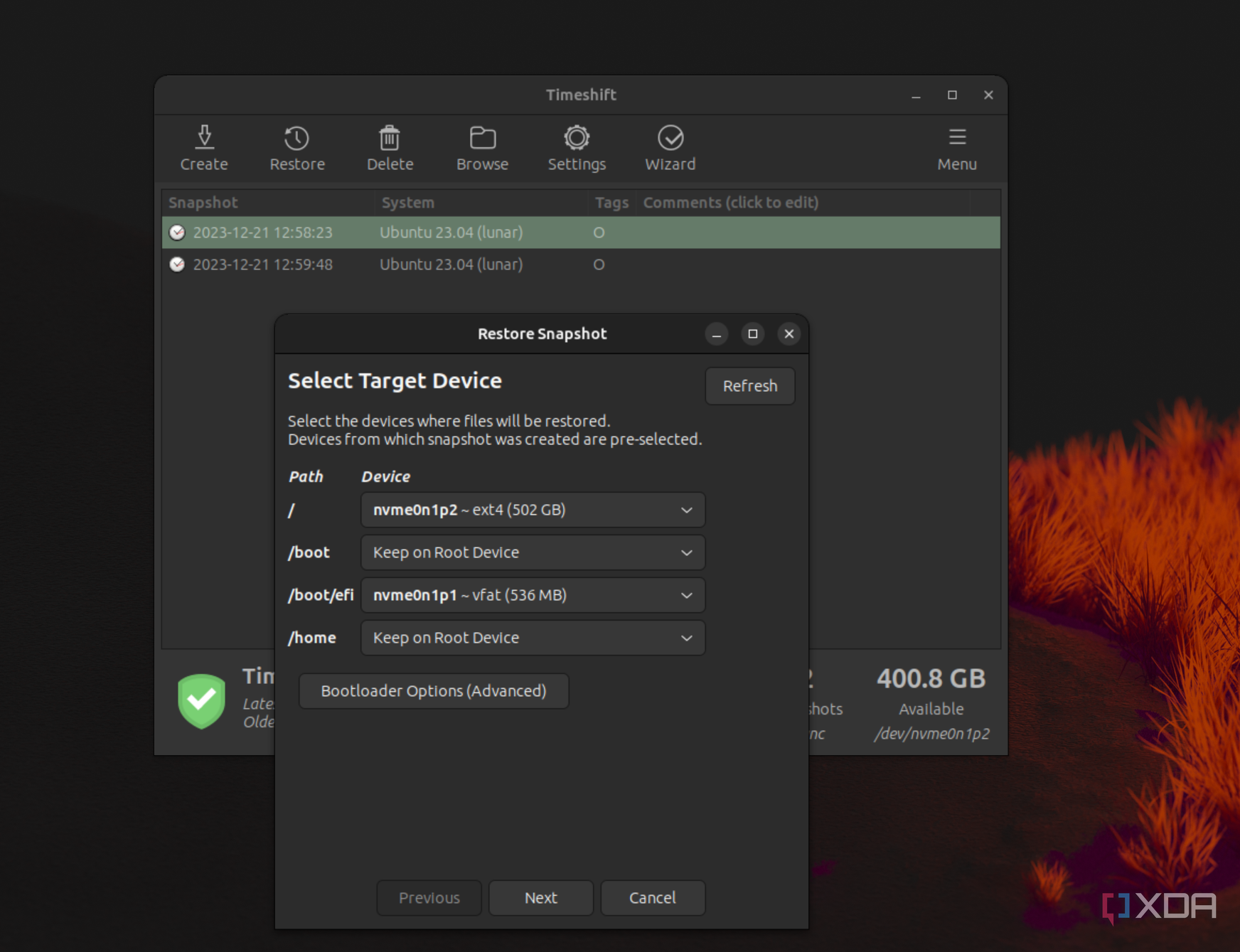 A screenshot of the process of restoring a file from the TImeshift backup created on Ubuntu