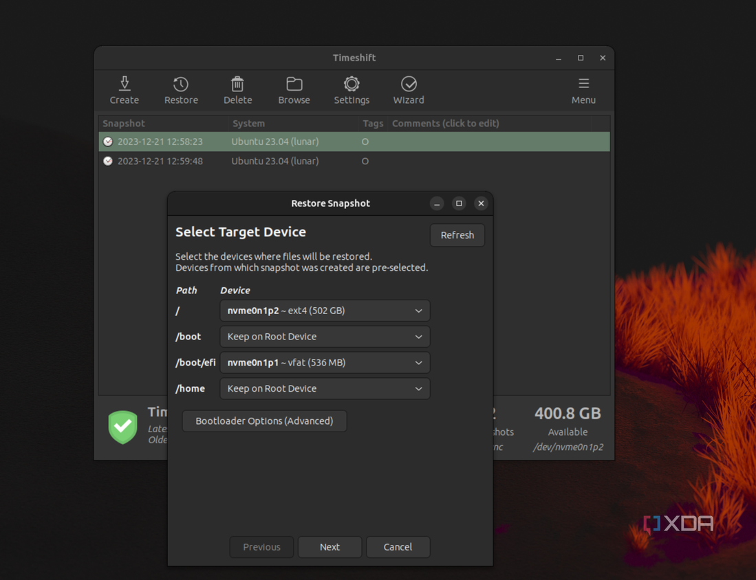 A screenshot of the process of restoring a file from the TImeshift backup created on Ubuntu