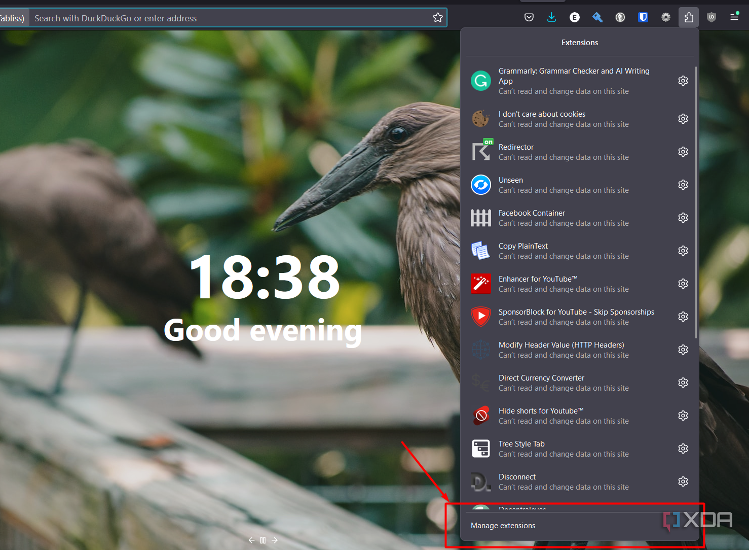 Screenshot showing where the manage extensions button is in Firefox.
