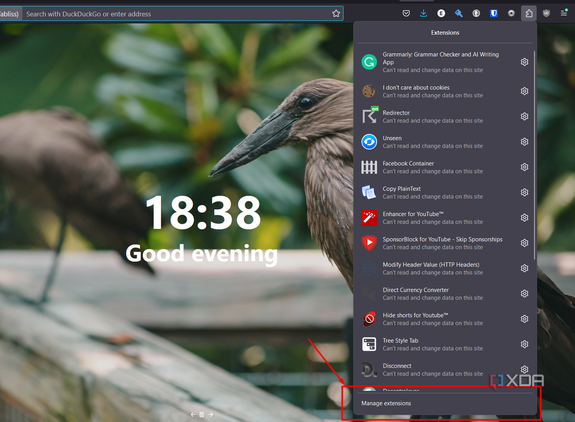 Screenshot showing where the manage extensions button is in Firefox.