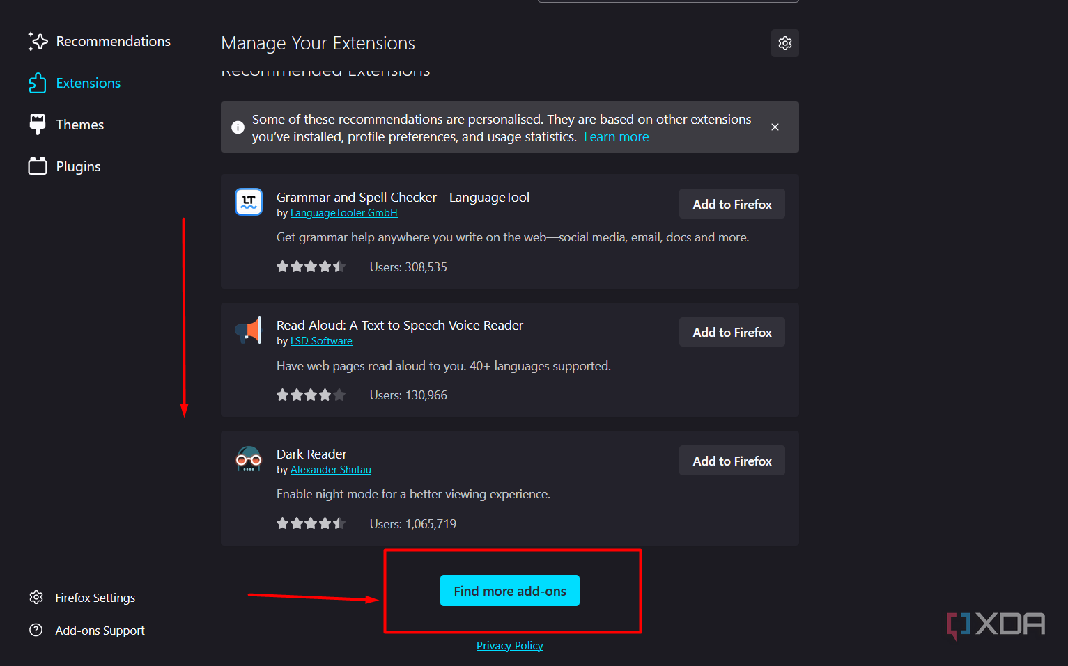Screenshot showing where to install additional extensions in Firefox.