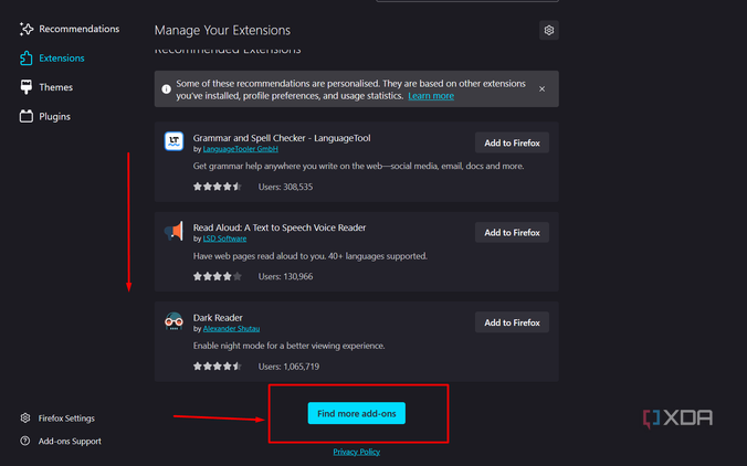 Screenshot showing where to install additional extensions in Firefox.