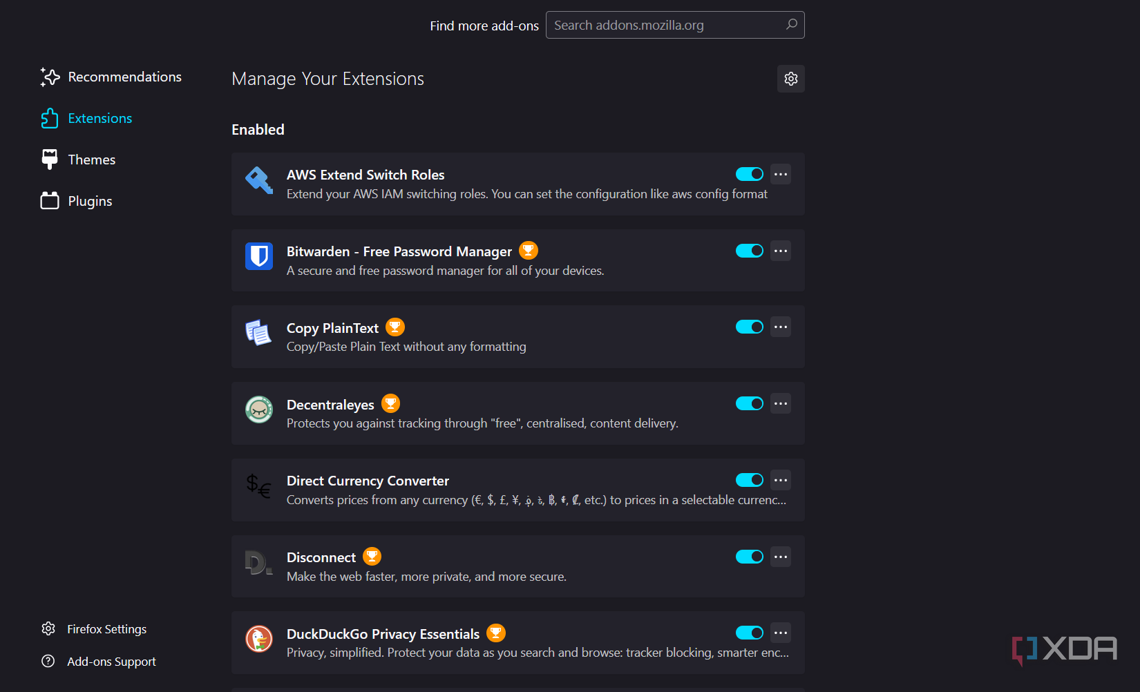 Screenshot showing where to manage extensions in Firefox.