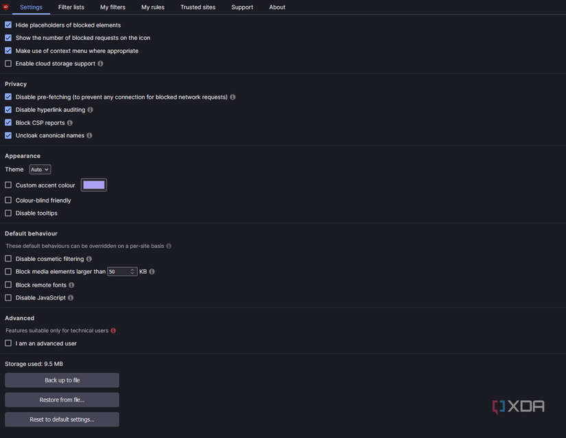 A screenshot of the settings page for uBlock Origin