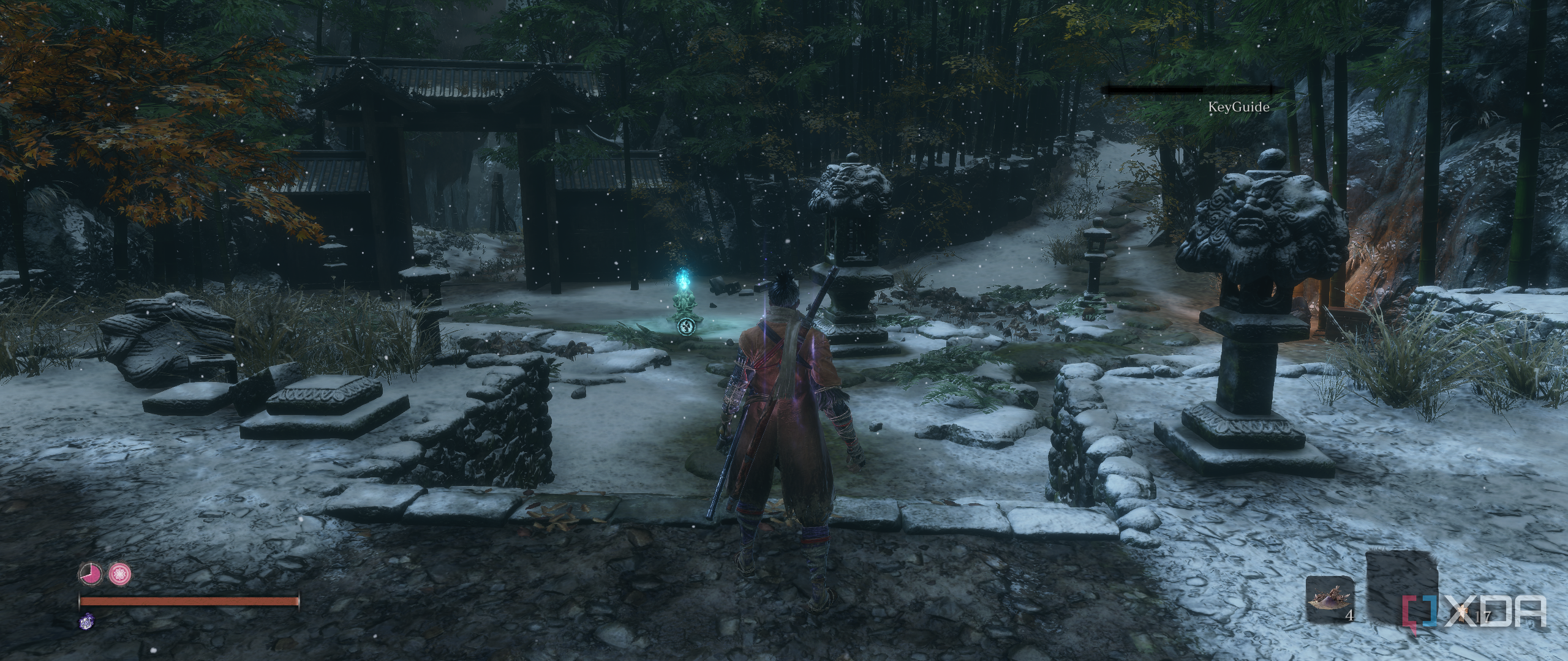 sekiro shadows die twice running in ultrawide with the character with sword equipped standing in front of a staircase
