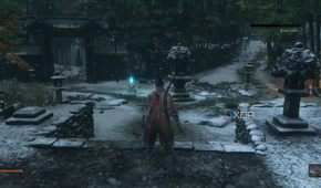 sekiro shadows die twice running in ultrawide with the character with sword equipped standing in front of a staircase