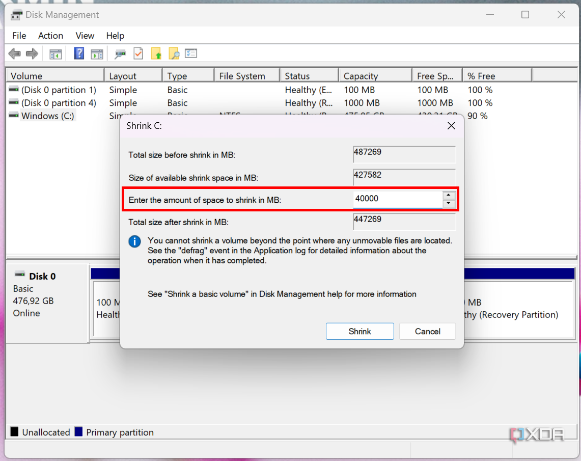Screenshot of Disk Management showing the shrink volume dialog