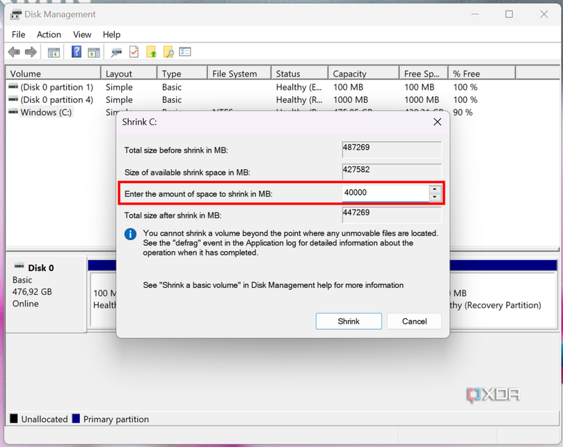 Screenshot of Disk Management showing the shrink volume dialog