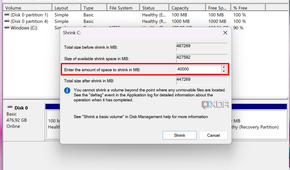 Screenshot of Disk Management showing the shrink volume dialog