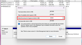 Screenshot of Disk Management showing the shrink volume dialog