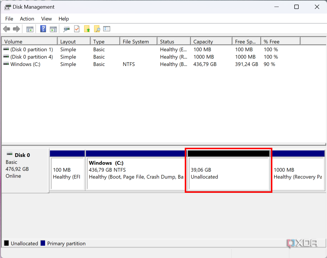 Screenshot of disk management with unallocated space on the main drive