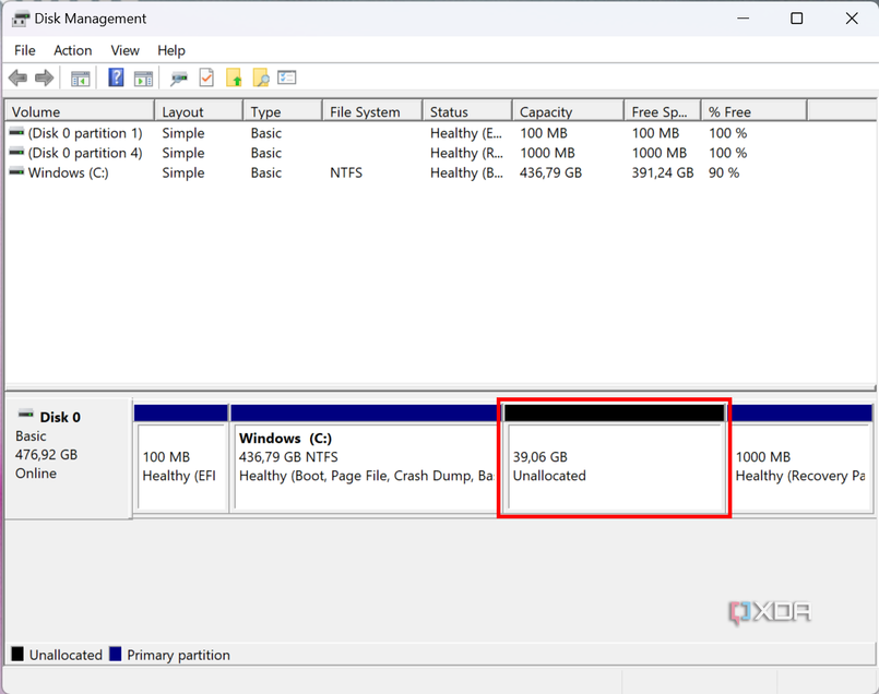 Screenshot of disk management with unallocated space on the main drive