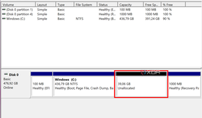 Screenshot of disk management with unallocated space on the main drive