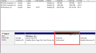 Screenshot of disk management with unallocated space on the main drive