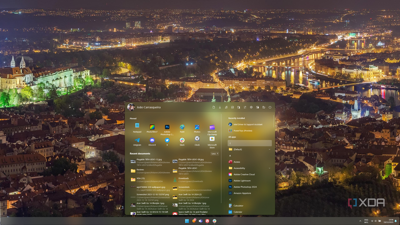 Screenshot of Start11 Start menu with an expanded recommended section and a full apps list on the right