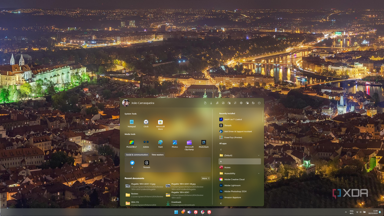 Screenshot of Start11 Start menu with multiple groups and tabs