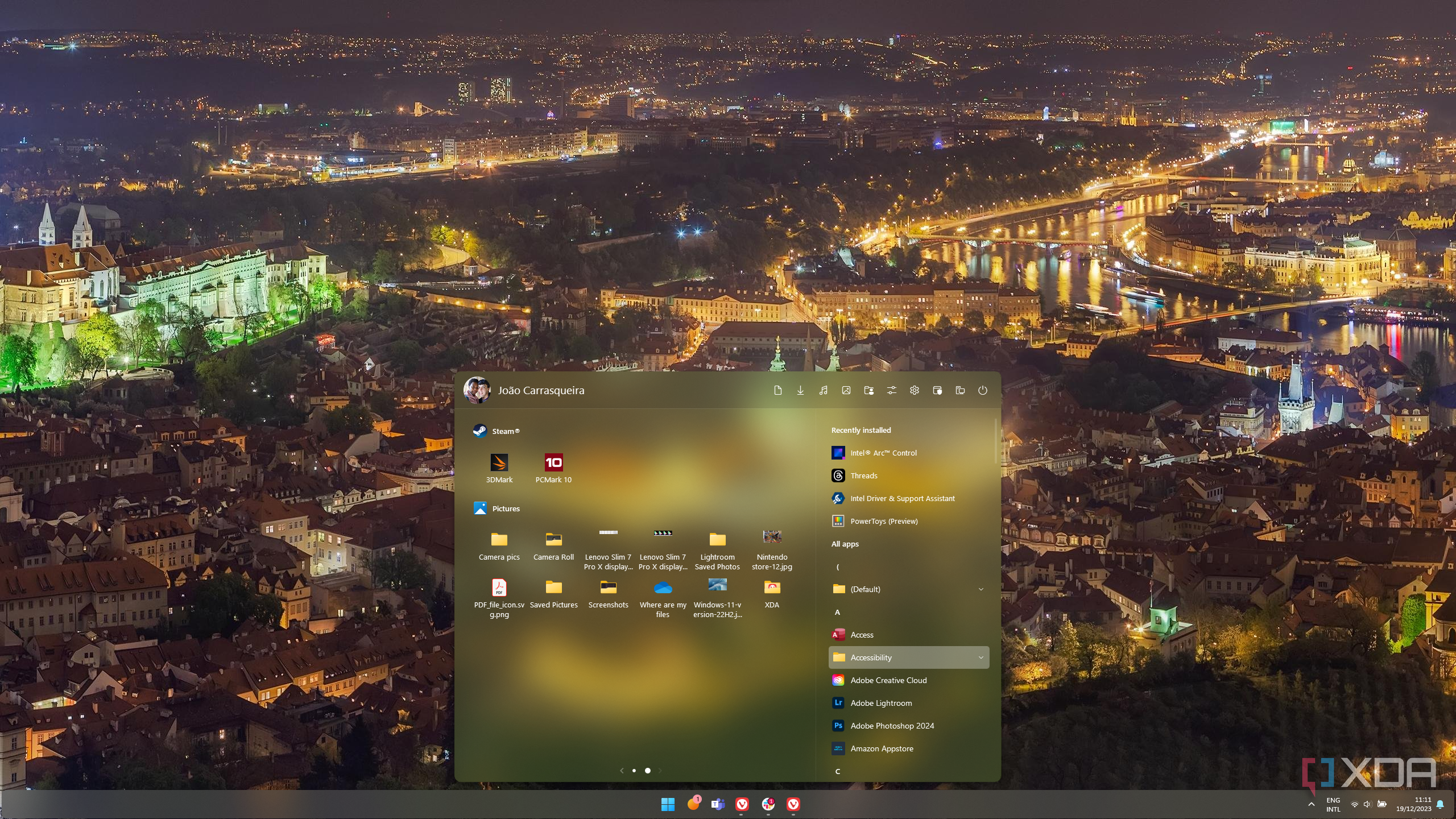 Screenshot of Start11 Start menu with a second page created and displayed, showing a PC folder's contents