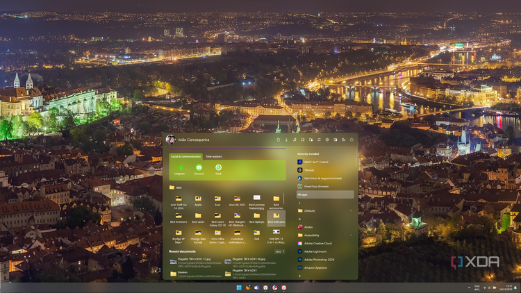 Screenshot of Start11 Start menu with a folder pinned to the main page, displaying multiple subfolders and items
