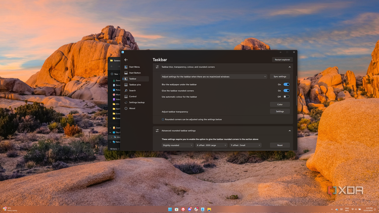 Screenshot of a Windows 11 desktop with a customized taskbar with a red tint and rounded corners and the Start11 settings window open