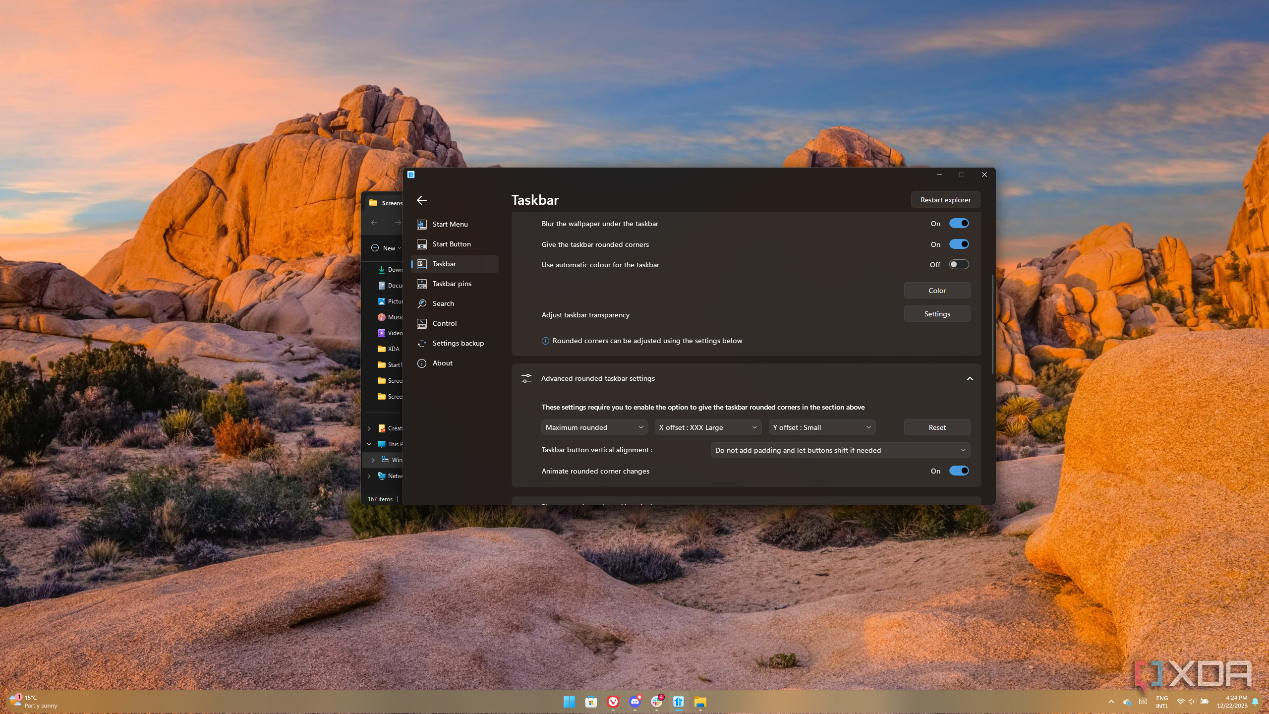 Screenshot of a Windows 11 desktop with a customized taskbar with a green tint and extremely rounded corners and the Start11 settings window open