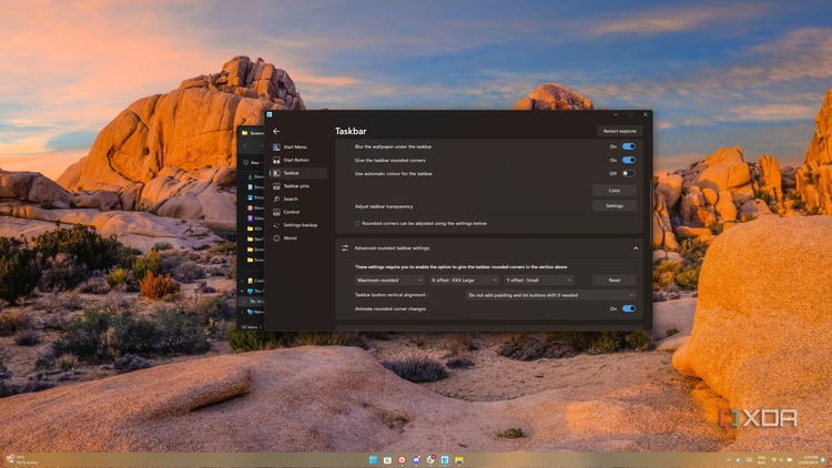 Screenshot of a Windows 11 desktop with a customized taskbar with a green tint and extremely rounded corners and the Start11 settings window open