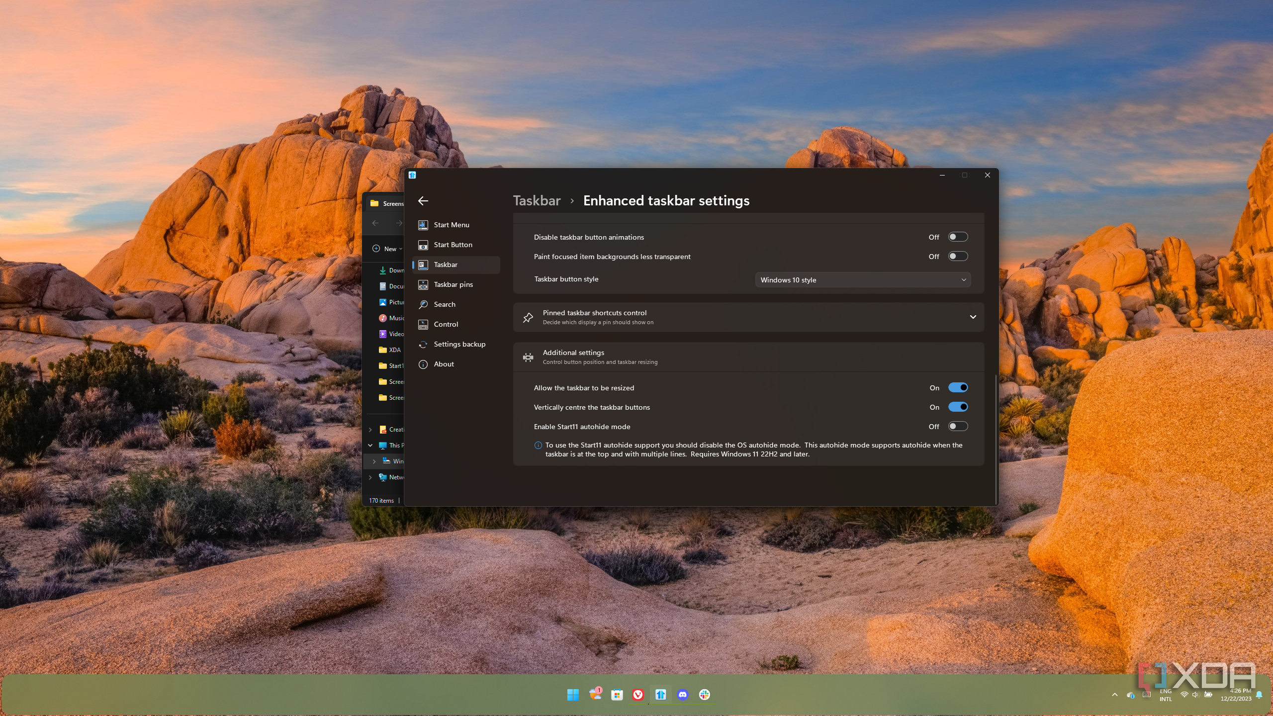 Screenshot of a Windows 11 desktop with a an enhanced Start11 taskbar with rounded corners and resized to be taller