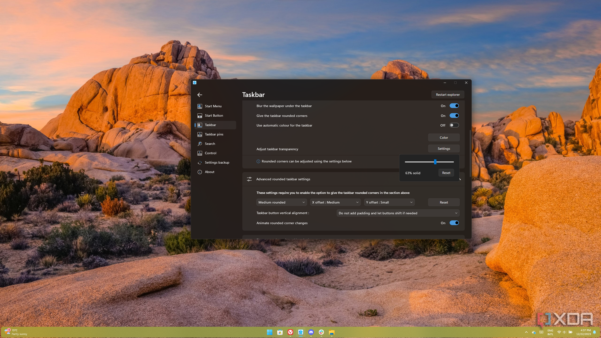Screenshot of a Windows 11 desktop with a customized taskbar with rounded corners and the Start11 settings window open with transparency settings set to 63%