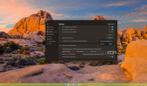 Screenshot of a Windows 11 desktop with a customized taskbar with rounded corners and the Start11 settings window open with transparency settings set to 63%