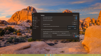 Screenshot of a Windows 11 desktop with a customized taskbar with rounded corners and the Start11 settings window open with transparency settings set to 63%
