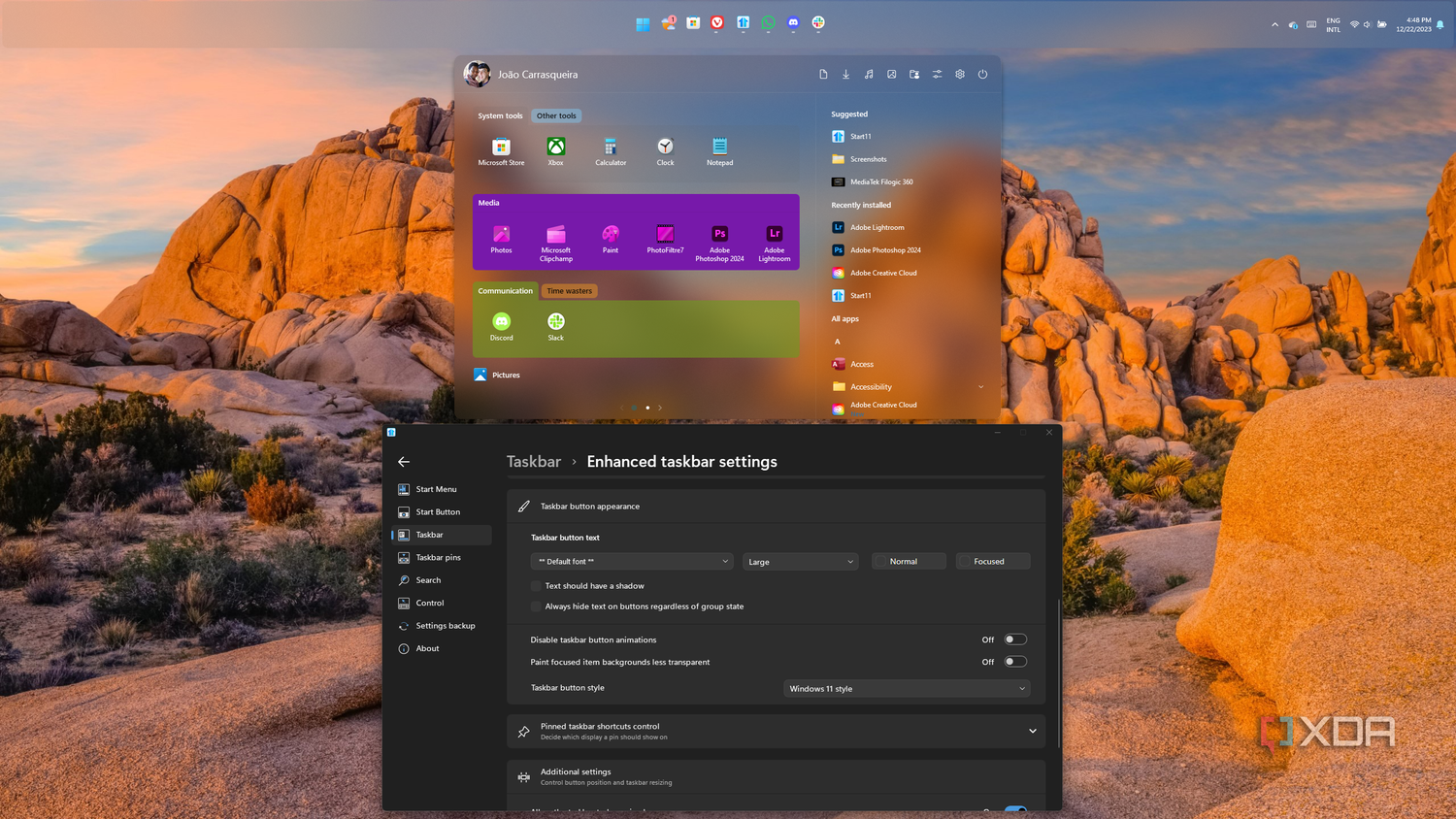 Screenshot of a Windows 11 desktop with a taskbar at the top and Start11 configuration window below it