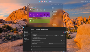 Screenshot of a Windows 11 desktop with a taskbar at the top and Start11 configuration window below it