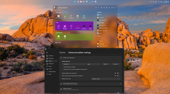 Screenshot of a Windows 11 desktop with a taskbar at the top and Start11 configuration window below it