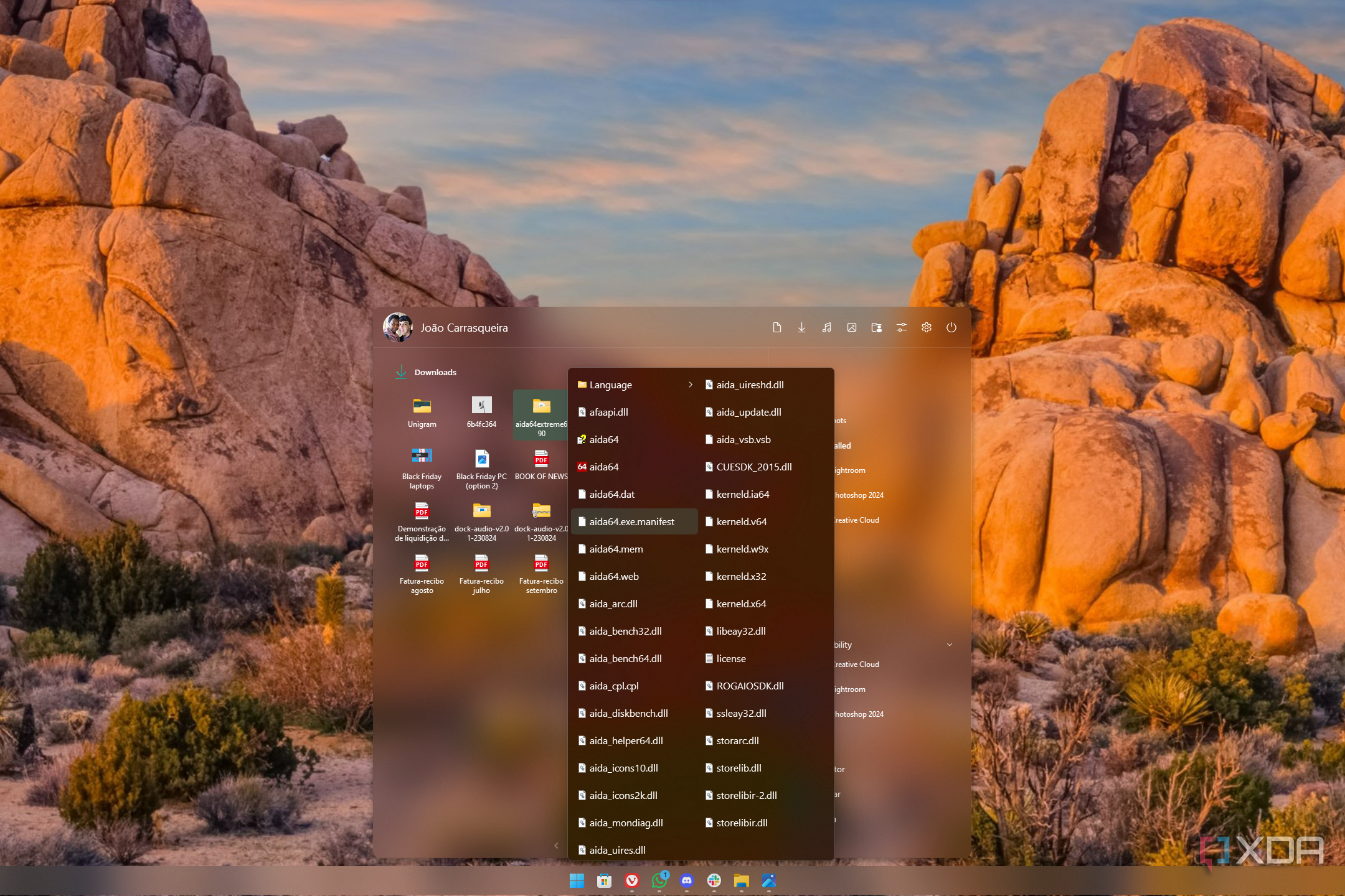 Screenshot of a Start11 Start menu with a folder menu open