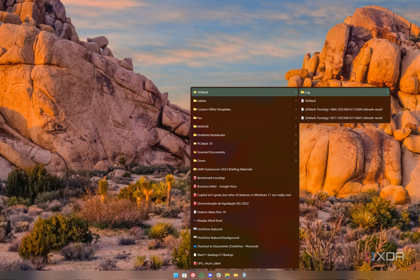 Screenshot of a folder menu pinned to the Windows 11 taskbar