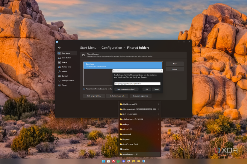Screenshot of a custom filtered folder menu with the respective settings shown above it